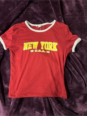 refuge Red Ringer Tee with Yellow "NEW YORK" Graphic